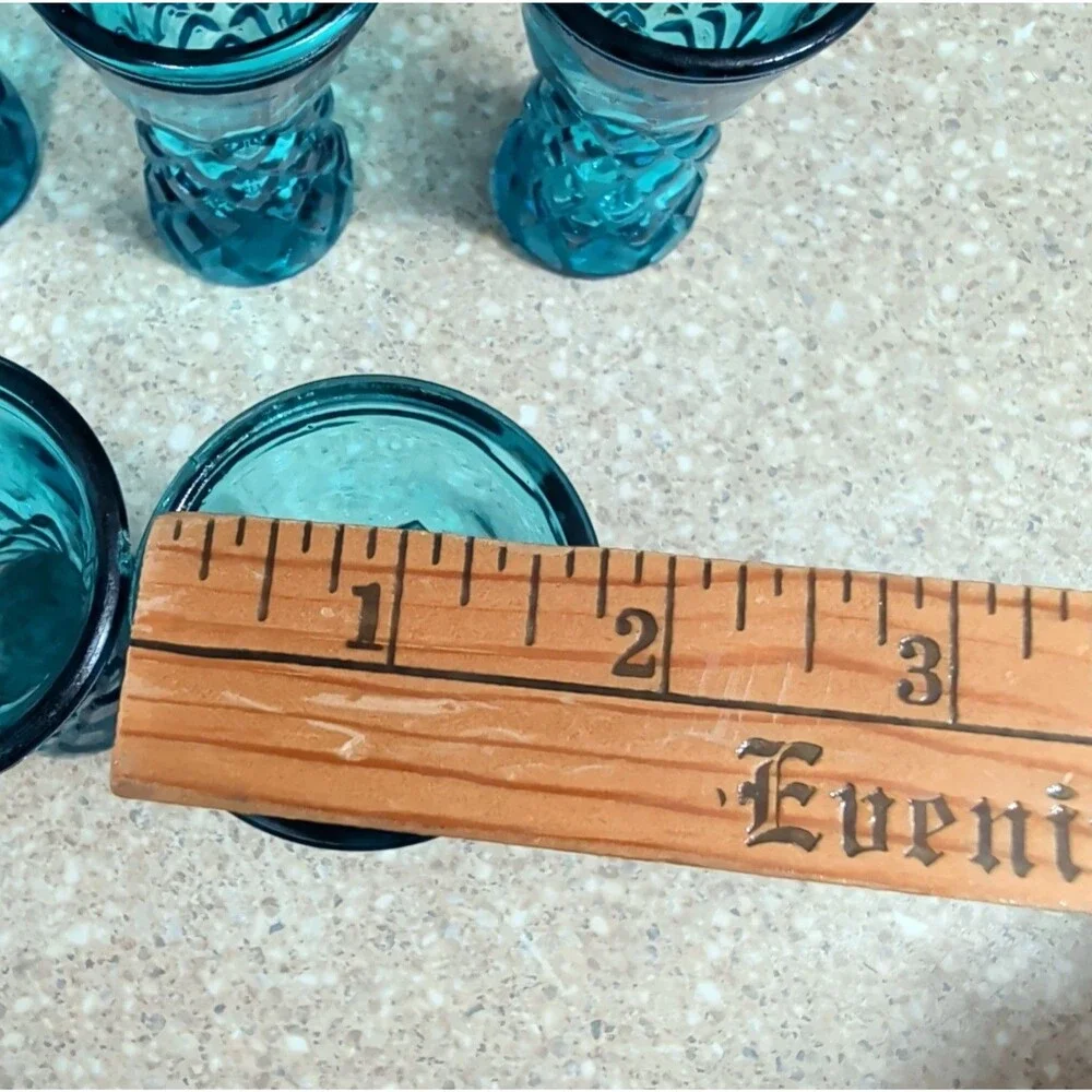 Set of 5 Vintage Diamond Pattern Blue Glass Shot Glasses Made in Tawian